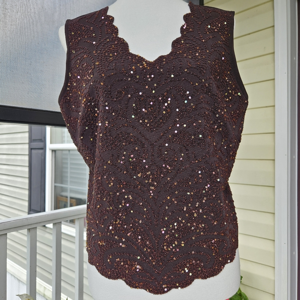 Vtg MSK Top Scalloped Vneck Hem XL Brown Sleeveless Embellished Beads Sequins